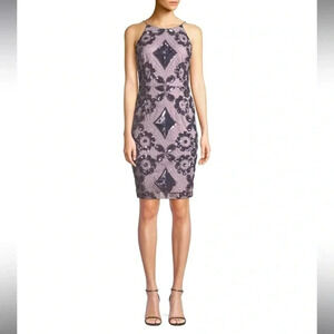 Aidan Mattox Spaghetti Strap Boat Neck Zipper Back Sequin Embellished Mesh Dress